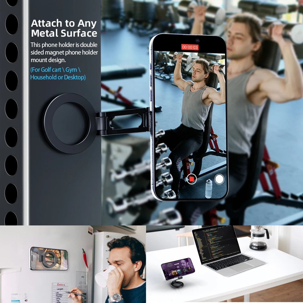 Gym Metal Foldable Phone Stand Double-Sided Magnet Handyhalterung 360 Rotating Strong Magnetic Mobile Phone Holders for Gym Wall